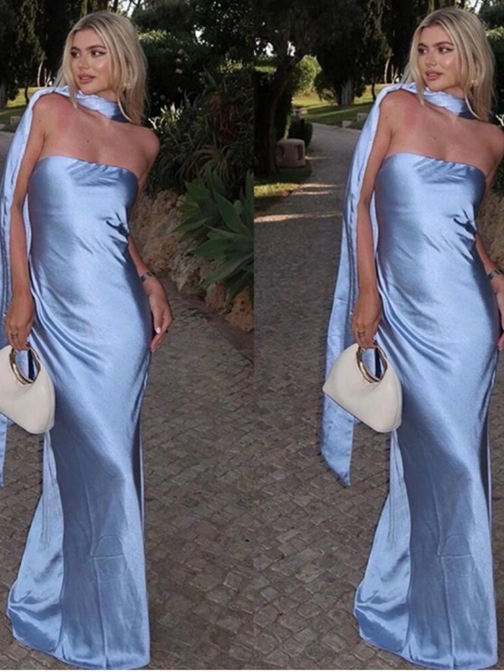 MISHA COLLECTION Strapless Satin Maxi Dress in Light Blue
